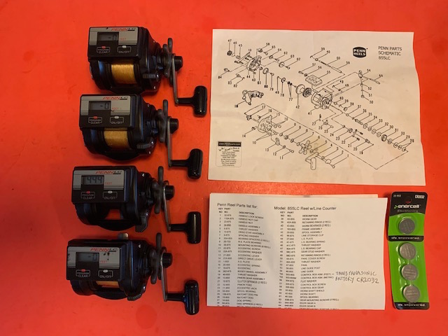 GREAT SET OF 4 PENN 855LC LINE COUNTER LEVELWIND REELS WITH SCHEMATIC &  PARTS LIST - Berinson Tackle Company