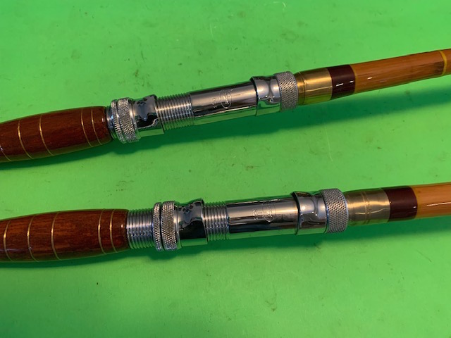 VINTAGE CUSTOM MADE BAMBOO 8 FOOT 5 INCH 30 TO 80 POUND CLASS FISHING RODS  BEAUTIFUL MATCHING PAIR - Berinson Tackle Company