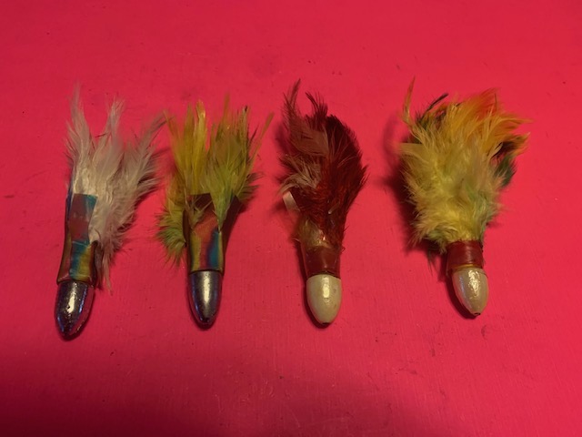 SET OF 4 VINTAGE TUNA TROLLING FEATHERS LURES 4 1/2 TO 5 1/2 INCHES LONG  WITH LEAD HEADS - Berinson Tackle Company