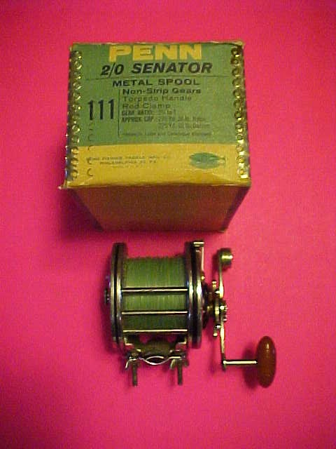 VINTAGE PENN SENATOR 111 2/0 FISHING REEL WITH BLUE & WHITE VINTAGE BOX,  PRE-OWNED - Berinson Tackle Company