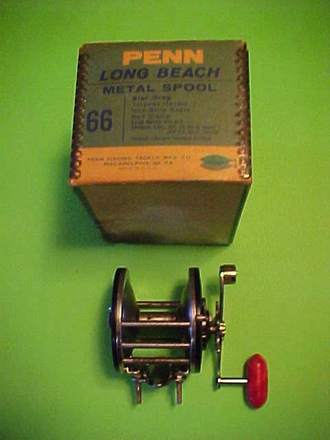 VINTAGE PENN LONG BEACH 66 FISHING REEL WITH BLUE & WHITE VINTAGE BOX,  PRE-OWNED - Berinson Tackle Company